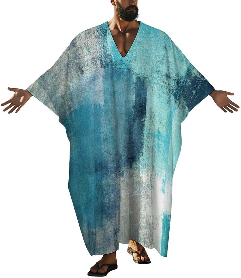 Hegropy Turquoise And Grey Art Artwork Pattern Men's V-neck Robe Middle East Arabian Robe Butterfly Sleeves Kaftan - Image 1
